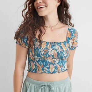 NWT Aerie Smocked Floral Puff Sleeve Crop Top